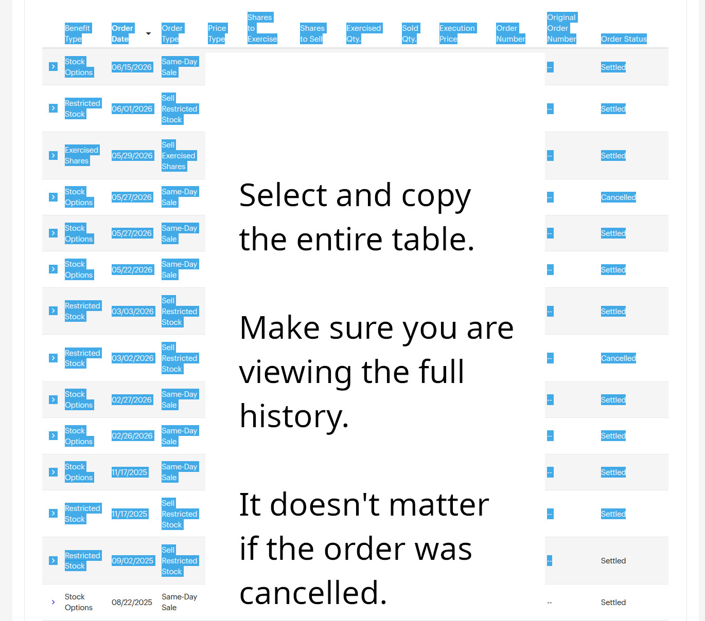 Select and copy the entire table